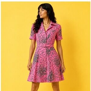 Vintage 60s Bubblegum Pink Green Print Dress Mod MCM Small Belted‎ Button Front